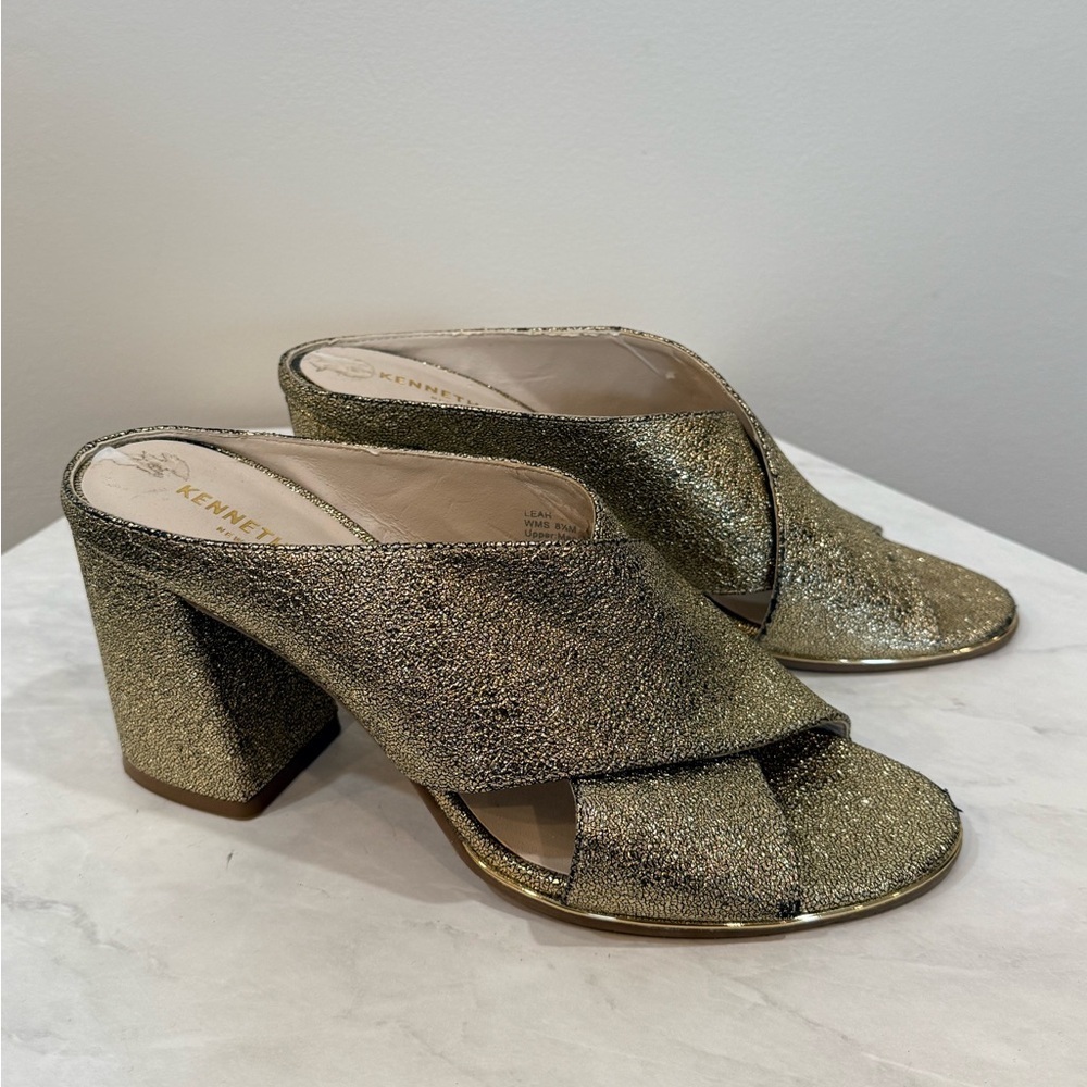🔥Kenneth Cole Women’s Gold Metallic Crisscross Block Heel Mules Size 8.5 EUC🔥